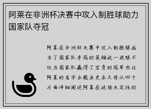 阿莱在非洲杯决赛中攻入制胜球助力国家队夺冠 阿莱在非洲杯决赛中攻入制胜球助力国家队夺冠